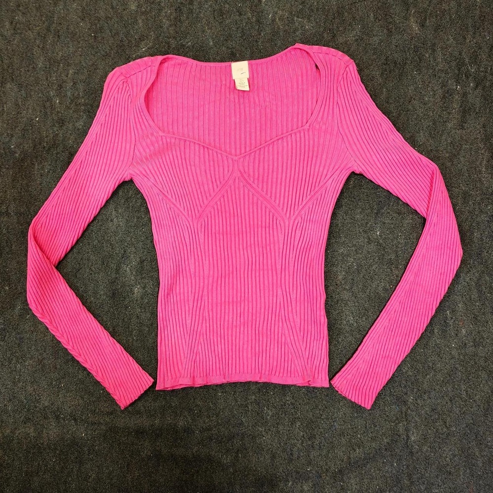 H&M Hot Pink Ribbed Long Sleeve Square Neck Top Large